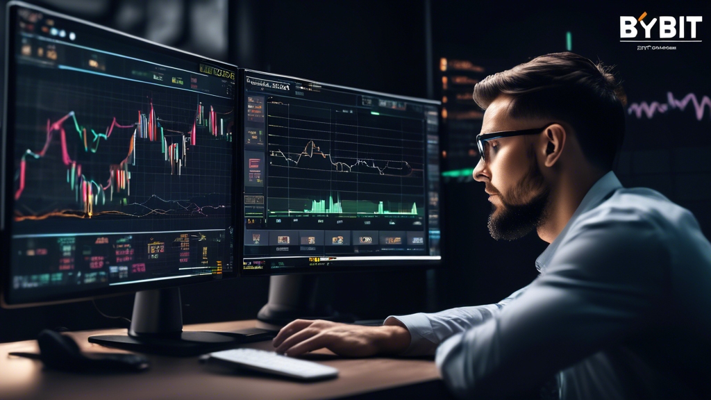 Create an image of a digital trading interface displaying various charts and technical indicators on a computer screen, with the Bybit logo prominently featured. A person is seen focused on the screen, with annotations highlighting concepts like “long vs. corto,” “stop-loss,” and “take-profit.” The background shows subtle elements of cryptocurrency symbols. This visual aims to convey the strategies and tools used in Bybit Futures trading.
