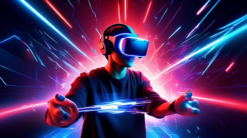 Create an image of an energized gamer immersed in Beat Saber gameplay on a PSVR2 headset. The scene should emphasize the enhanced graphics, with vivid neon lights illuminating the game environment, and dynamic, sharp visual details. Depict the player experiencing the advanced haptic feedback with PSVR2’s new controllers, showing intense focus and excitement. In the background, show a futuristic room setup that showcases the cutting-edge VR technology of PSVR2.