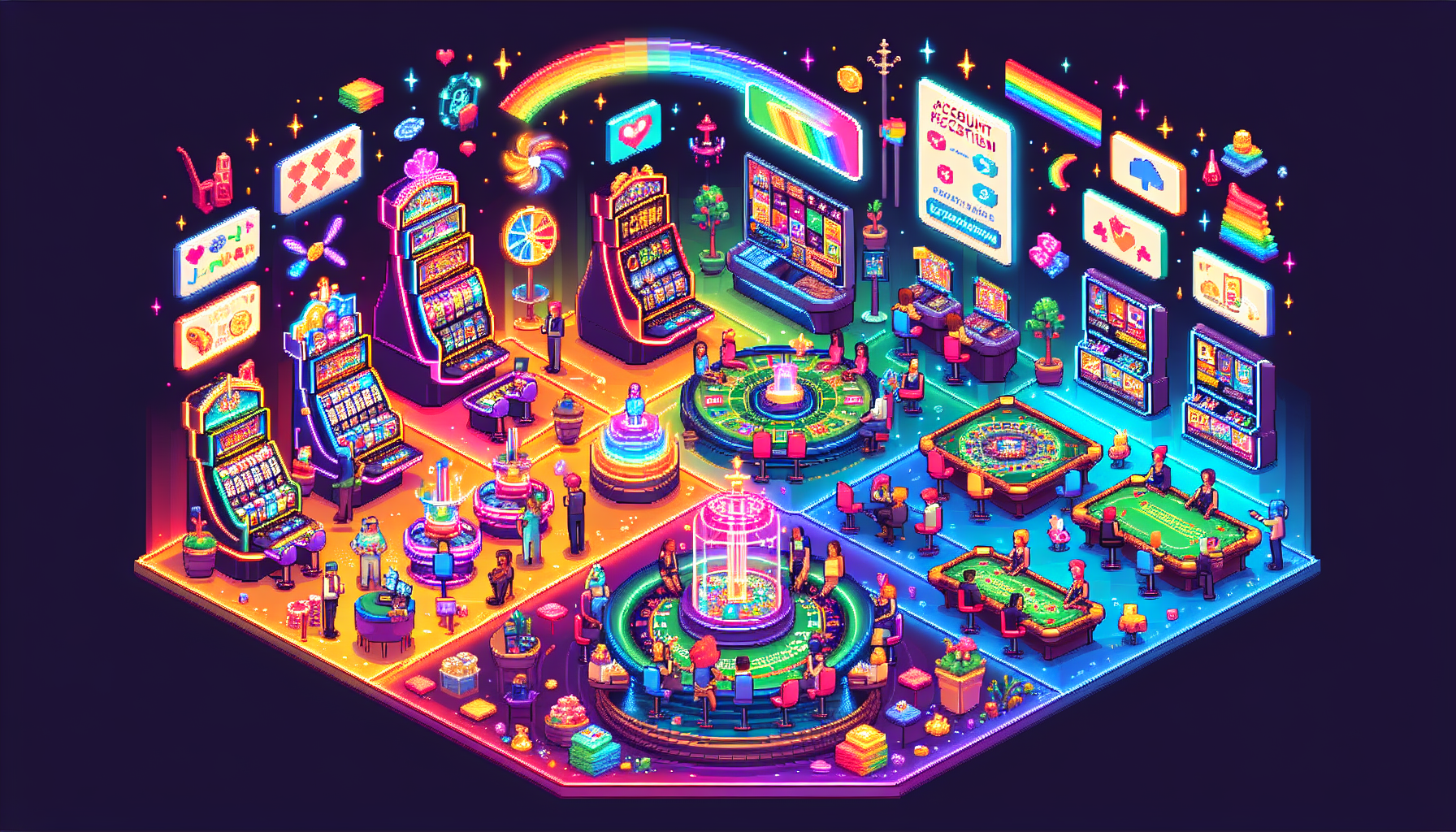 Create a vibrant and user-friendly illustration that showcases players immersed in the magical world of Rainbow Riches Casino. The image should feature a lively casino interface with slot machines, table games, and live dealer options, while also highlighting a few key tips on the screen such as Create an Account, Effective Strategies, and Responsible Gaming. Additionally, include a small, friendly support icon to symbolize the availability of customer support services. Make sure to use a colorful palette that evokes excitement and adventure, capturing the enchanting essence of the Rainbow Riches brand.