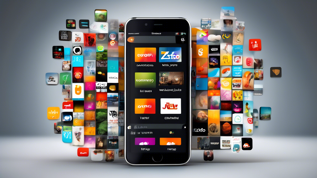 Create an image of a modern smartphone displaying a vibrant and dynamic interface of the top live TV apps: Zattoo, Waipu.tv, and Joyn. The phone screen should show a colorful and engaging collage featuring their logos, user-friendly interfaces, and key features like extensive channel lists, user reviews, and exclusive functions like recording and time-shifted TV. The background should be sleek and minimalistic, with subtle hints of innovation and connectivity, symbolizing the advanced technology and versatility of these apps. The overall composition should feel informative and enticing, encouraging users to explore and choose the best live TV app for their needs.