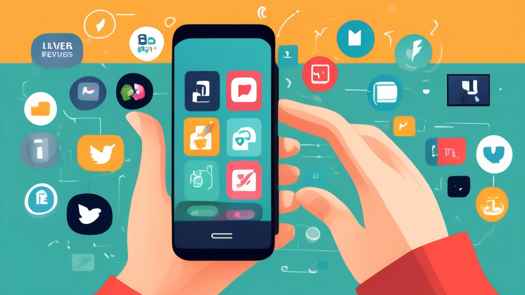 Create an image depicting a hand holding a smartphone with multiple live TV app icons displayed on the screen. Surrounding the smartphone are checkmarks and icons representing criteria for choosing the best live TV app, such as channel selection, cost-effectiveness, and user-friendliness. Include elements like user reviews, ratings, and a 