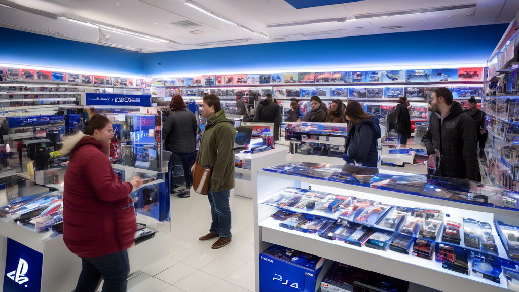 Interior of a modern, brightly-lit electronics store with multiple shelves displaying new PlayStation 4 consoles at a discounted price. Signage indicating 