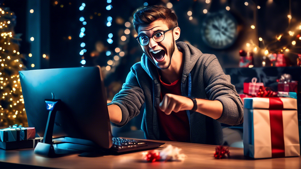 An energized and dynamic scene of a young gamer online shopping during Black Friday. The scene includes a computer screen displaying sales promotions and deep discounts for a new PS4, surrounded by festive holiday decorations and shopping bags. The background shows holiday lights and a big clock showcasing 