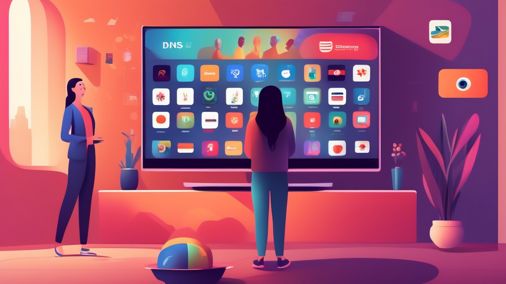 Create an image of a person happily watching a Smart TV with various streaming services displayed on the screen. The TV should be surrounded by icons representing different countries, indicating the ability to access geo-restricted content. The background should showcase a fast, modern internet connection symbolizing reduced buffering and improved load times due to DNS servers. Include subtle diagrams of DNS server settings being adjusted on the side.