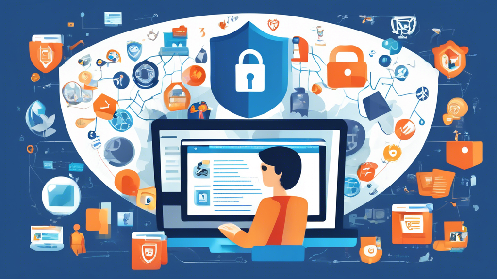 Create an illustration that showcases the **benefits of using a search engine that unblocks everything**. At the center, depict a user on a laptop with multiple icons and symbols around them representing **enhanced access to information** (such as various global news sources, documents, and multimedia), **privacy and security benefits** (represented by shields and locks), and **boosting research and knowledge** (depicted by academic symbols like a graduation cap, books, and research data). Ensure a dynamic and visually engaging composition that conveys the widespread positive impact, freedom, and empowerment provided by such a search engine.