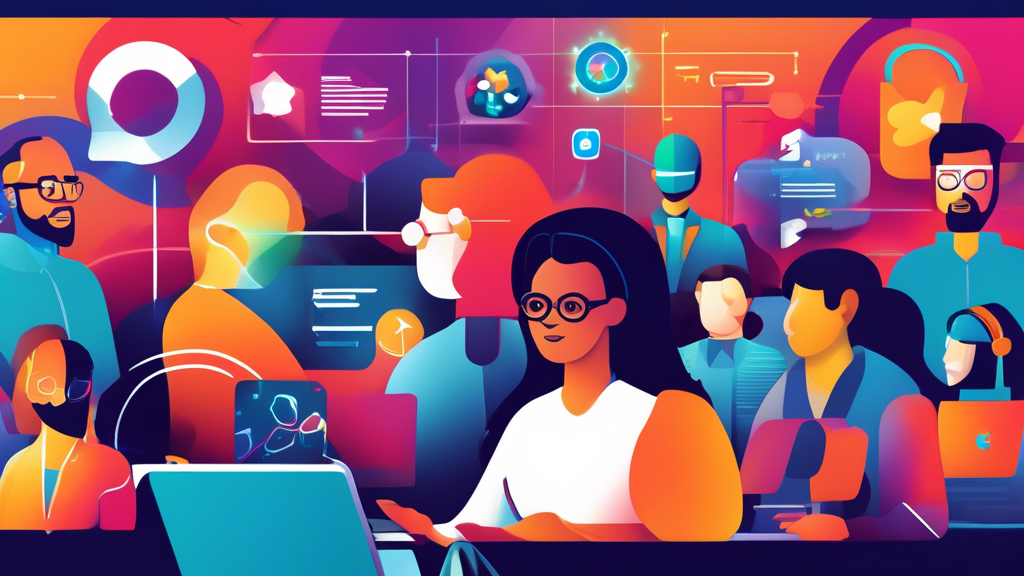 Create an image showcasing a diverse group of digital experts and users, engaged in discussions and researching on laptops and smartphones, with a backdrop featuring a variety of logos and icons representing top unblocking search engines. Include user ratings, stars, and testimonials popping up around the scene, highlighting positive experiences and effective unblocking capabilities.