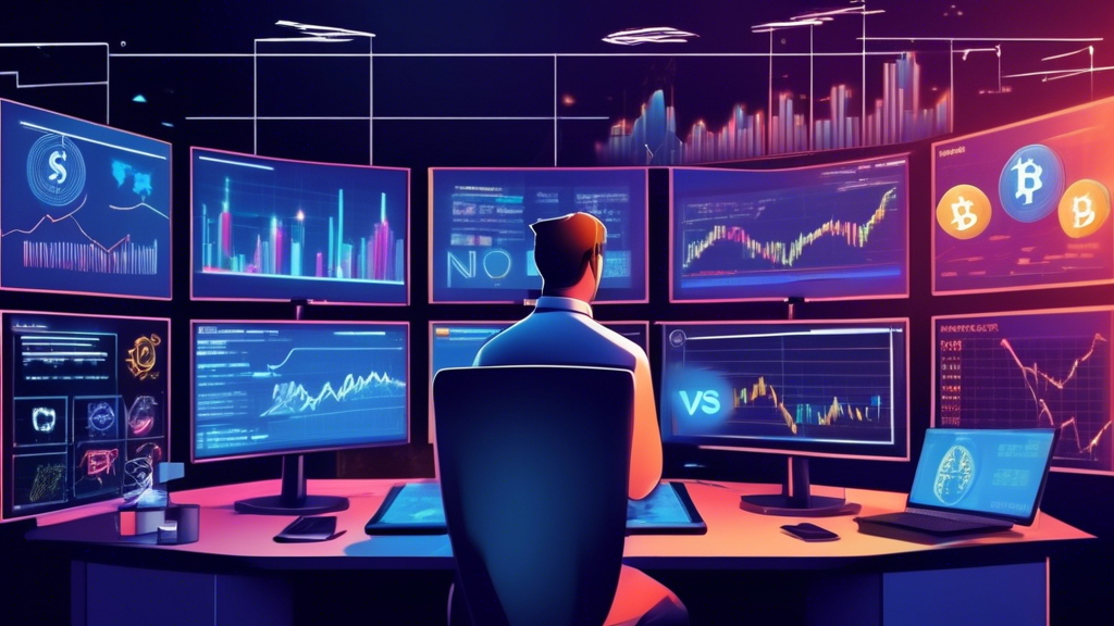 An investor strategizing in front of multiple computer screens, displaying charts and graphs of various new cryptocurrencies for 2023. The setting is a modern office with an analytical and focused atmosphere. Icons of popular cryptocurrencies and trend lines are visible on the screens, emphasizing risk management, diversification, and short-term vs long-term investment analysis.