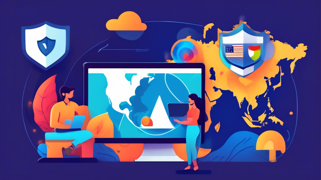 Create an image that illustrates the main benefits of using an Indian VPN. The image should depict enhanced security and privacy with elements like a shield or a lock, access to geo-restricted content with symbols like a world map or unrestricted streaming services, and savings in online purchases with icons such as a shopping cart or price tags. Use vibrant colors and modern graphics to showcase these advantages in a visually appealing way. Keywords: Indian VPN, security, privacy, geo-restricted content, savings.