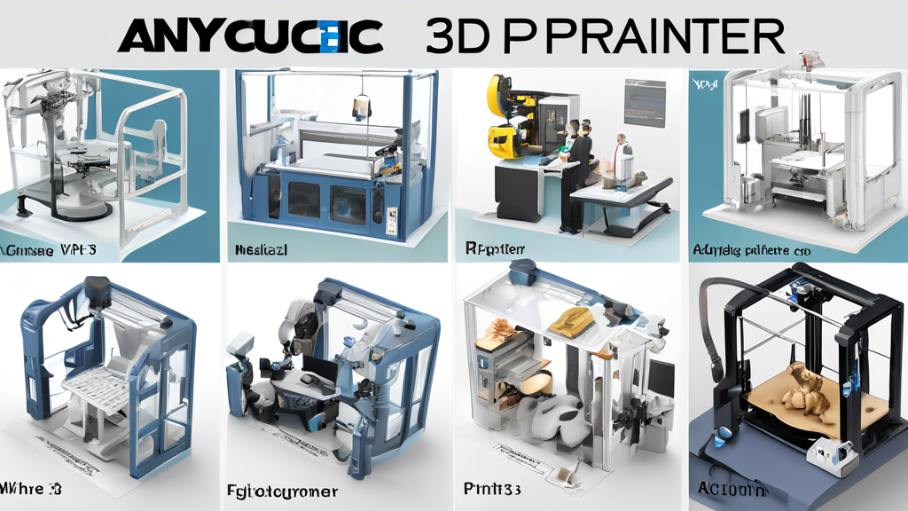 An image showcasing the Anycubic Vyper 3D printer in action across various industries and applications. The scene includes a medical setting with the printer creating a prosthetic limb, an architectural desk with detailed building models, and an automotive workshop printing car parts. Additionally, depict a home environment where creative projects, like custom figurines and home decor, are being printed. Include users happily interacting with the printer, highlighting its versatility and broad range of applications.