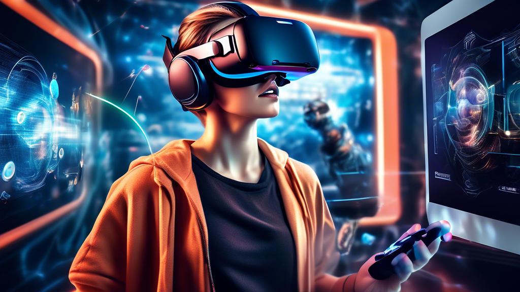 Create an image showcasing the latest technological advancements and innovations in the VR experience. Highlight cutting-edge VR hardware and software including futuristic VR headsets and motion controllers. Incorporate elements that depict the impact of 5G technology and other advancements enhancing the VR experience. The scene should have a modern and sophisticated look with vibrant, high-tech imagery indicating the next leap in virtual reality entertainment.