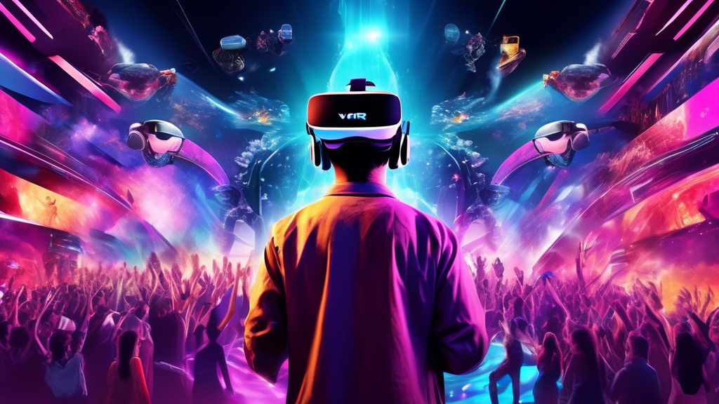 Create an image showcasing the future potential of VR experiences in various entertainment channels such as gaming, film, and music. Highlight futuristic, immersive VR scenarios where individuals are fully engaged in virtual concerts, interactive movies, and expansive gaming worlds. Include elements that portray both the exciting opportunities and the challenges faced by developers and consumers in this evolving technology landscape. Use a mix of vibrant colors and advanced tech visuals to emphasize the innovative spirit of VR.