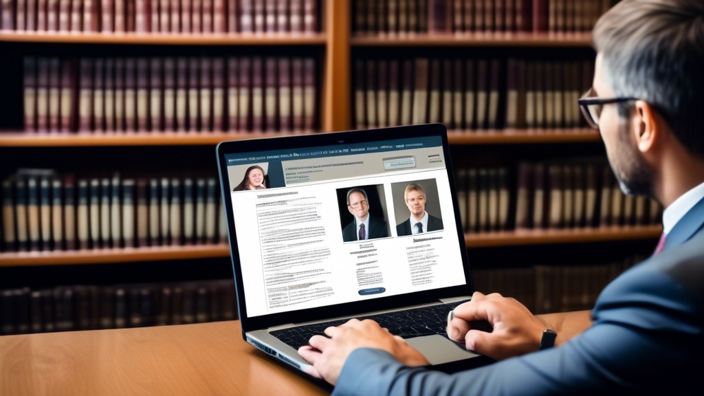 Create an image showing a business professional looking at a display of different attorney profiles on a laptop screen. The screen should show various lawyers with details like years of experience, client reviews, and past case outcomes. The background should include legal bookshelves and certificates to emphasize the legal context. The setting should be in a well-organized office that conveys professionalism and trust.
