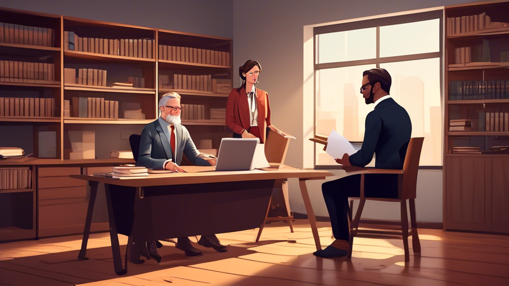 Create a detailed and professional illustration of a client meeting with a slip and fall injury lawyer in a modern office. The lawyer is seated across from the client at a wooden desk, looking attentive and engaged, with legal documents and a laptop open on the desk. The client is asking questions, appearing curious and interested. There are legal books and certificates on the shelves in the background, adding a sense of credibility and professionalism to the scene. The overall atmosphere is welcoming and professional, indicative of a positive initial consultation and case evaluation.
