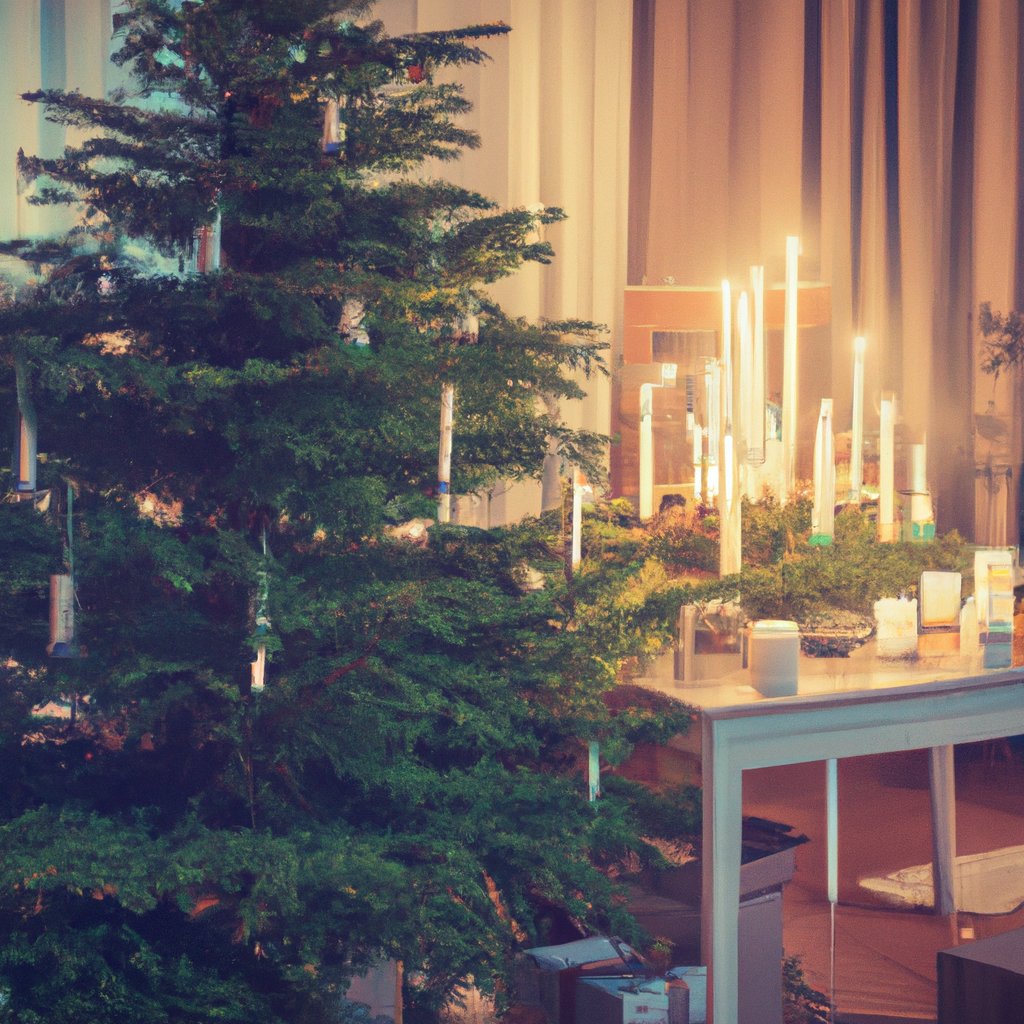 An image of a beautifully decorated Christmas tree adorned with candle Christmas tree lights. The scene is set in a cozy living room with a warm, soft glow illuminating the room. The candles are securely fastened to the branches using clip-on candle holders. Nearby, a table is neatly arranged with safety materials and tools, such as a fire extinguisher, a small bucket of water, and tongs for repositioning candles. A person is attentively watching the tree, highlighting the importance of supervision and maintenance. The ambiance exudes both holiday cheer and a cautious approach to the timeless tradition.