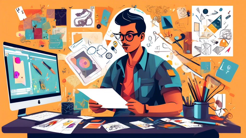 Create an illustration that depicts a designer at a desk, surrounded by various design tools and software on the computer screen, as they work on a custom playing card. The environment should include elements like colorful card templates, sketches, and different materials (like cardstock and special inks) scattered around. The designer, a focused individual in casual attire, should be actively sketching unique artwork for the playing cards, showcasing creativity and innovation. Include hints of artistic flair in the design process, such as vibrant colors and playful graphics on the screen, to emphasize the journey of designing custom playing cards.