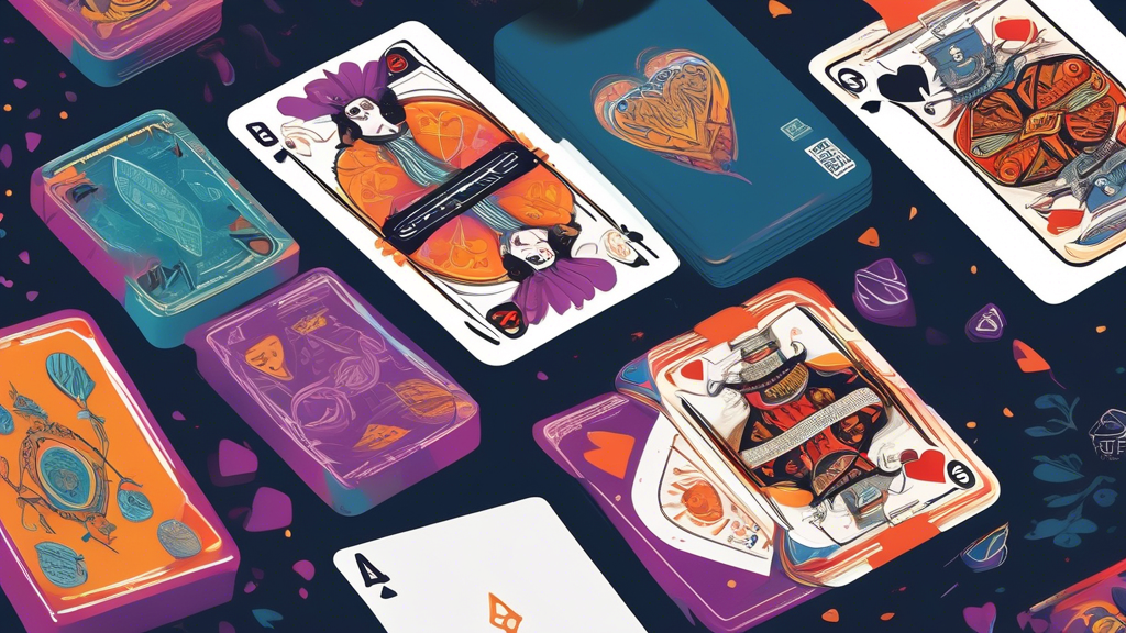 Create an engaging and vibrant illustration showcasing various online platforms and local printers involved in the custom playing cards industry. The scene should feature a mix of digital design tools on one side and a cozy local print shop on the other, highlighting the customization process. Include elements like colorful card designs displayed on a computer screen and stacks of printed custom playing cards in the shop. Incorporate a diverse group of people discussing and sharing ideas, representing a community of designers passionate about creating unique playing cards.