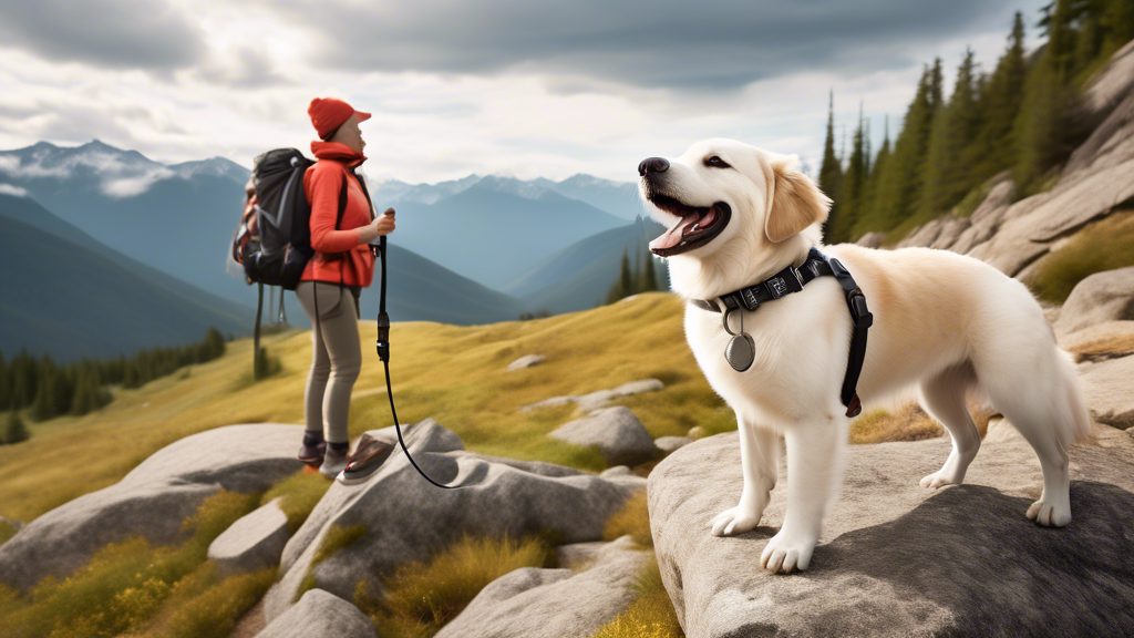 Create an image that showcases a happy dog and its owner enjoying a scenic hike in the mountains. The owner holds an Atlas dog leash, which features a sleek, durable design. Include a few action shots demonstrating the leash
