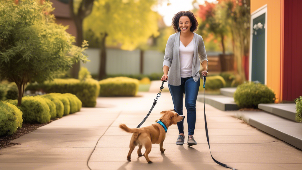 A vibrant outdoor setting where a happy dog is being walked using an ergonomic Atlas dog leash. The leash is designed to showcase its unique features such as comfortable grip handles and robust material. The dog looks well-behaved and content, reflecting reduced unwanted behaviors and proper training benefits. Include a smiling dog owner, demonstrating the ergonomic advantages for both the dog and the owner. In the background, a veterinarian can be seen approvingly watching the scene, symbolizing endorsements and health benefits.