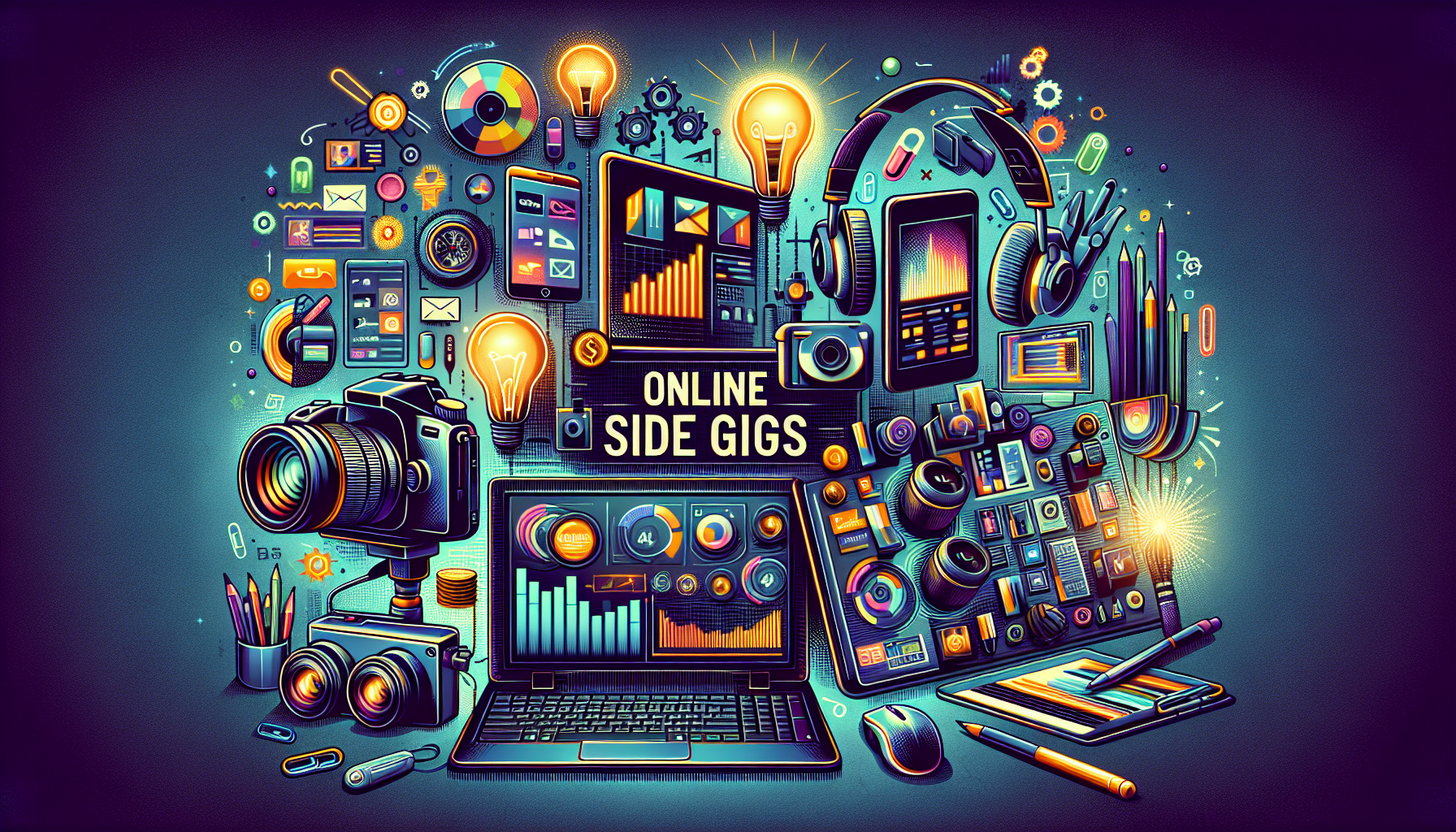 Create an image representing the concept of additional lucrative online side gigs. The illustration should feature a diverse array of activities and tools associated with different online side gigs: a digital camera for stock photography, a graphic tablet for graphic design services, charts and analytics for digital marketing, a headset and keyboard for transcription services, and a computer screen displaying an online survey. The scene should convey a dynamic and bustling atmosphere, symbolizing the potential of earning income through these varied online opportunities. Integrate the keyword “online side gigs” subtly in the background for emphasis.