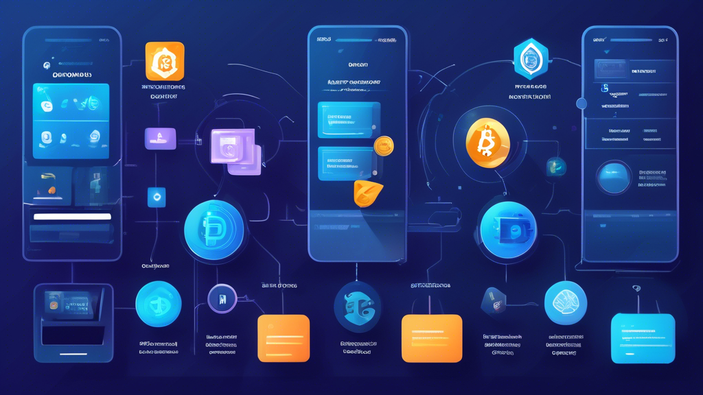 Create an illustration showcasing the key features to look for in the best crypto wallets: a secure environment, highlighting icons for Multi-Factor Authentication, Encryption, and Backup Options; an intuitive user interface with clear, user-friendly design elements, emphasized customer support, and multi-currency support icons; and additional functionalities such as integrated exchange icons, staking options, and DeFi compatibility features. Include visual elements like a mobile and desktop interface, padlocks for security, coins for multi-currency, and interconnected nodes for DeFi to represent the advanced functionalities.