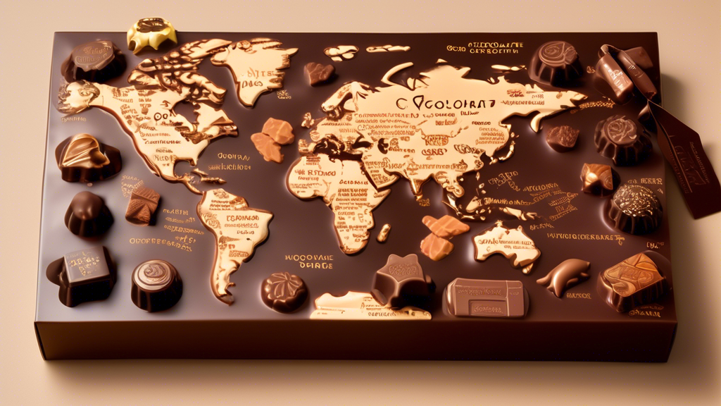 An elegant, world map highlighting icons of top custom chocolate craftsmen and boutique shops scattered across continents, showcasing their unique chocolate creations and artful designs, each labeled with the shop name and location, surrounded by images of bespoke chocolates in exquisite, personalized packaging.
