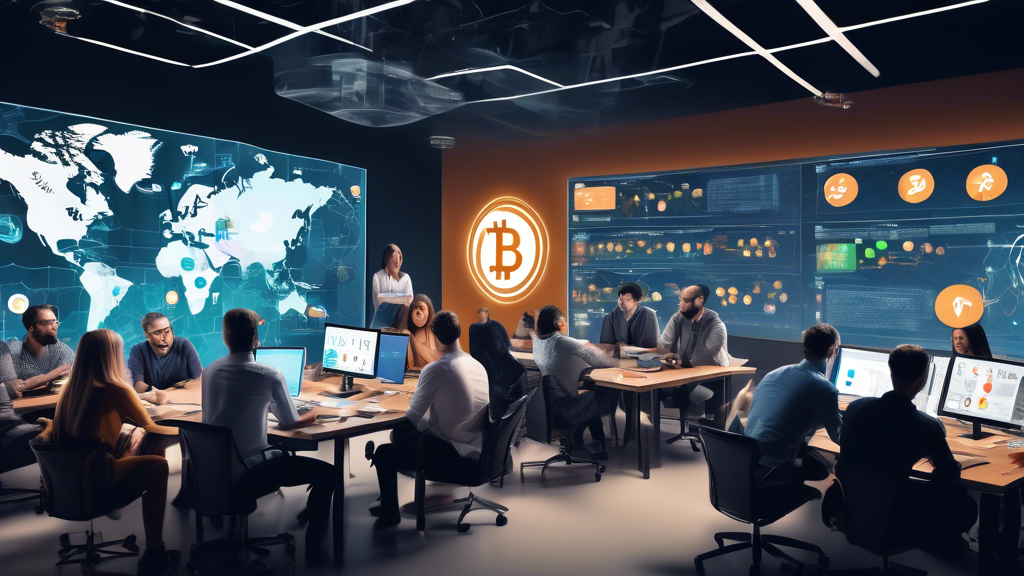 Create an image of a lively digital marketing strategy session focused on cryptocurrency, featuring a diverse group of marketers brainstorming around a large table. The table is covered with laptops, tablets displaying charts, and social media icons like Twitter, Telegram, and Reddit. On a large screen behind them, visuals of cryptocurrency symbols, social media engagement statistics, and a map showing global reach are highlighted. The atmosphere is collaborative and innovative, depicting the dynamic use of digital platforms and social media to drive crypto engagement.
