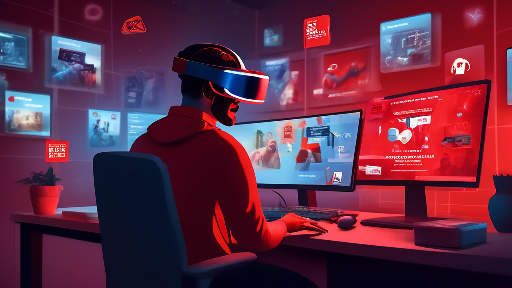 A detailed illustration showcasing a customer evaluating the reliability of a PS4 VR headset deal online. The customer is seen analyzing trusted retailer websites on a computer screen, inspecting site security icons, reading customer reviews and ratings, and identifying potential red flags like unusually low prices. The scene is well-lit and the computer screen displays detailed, clearly identifiable elements to emphasize the process of verifying deal authenticity.