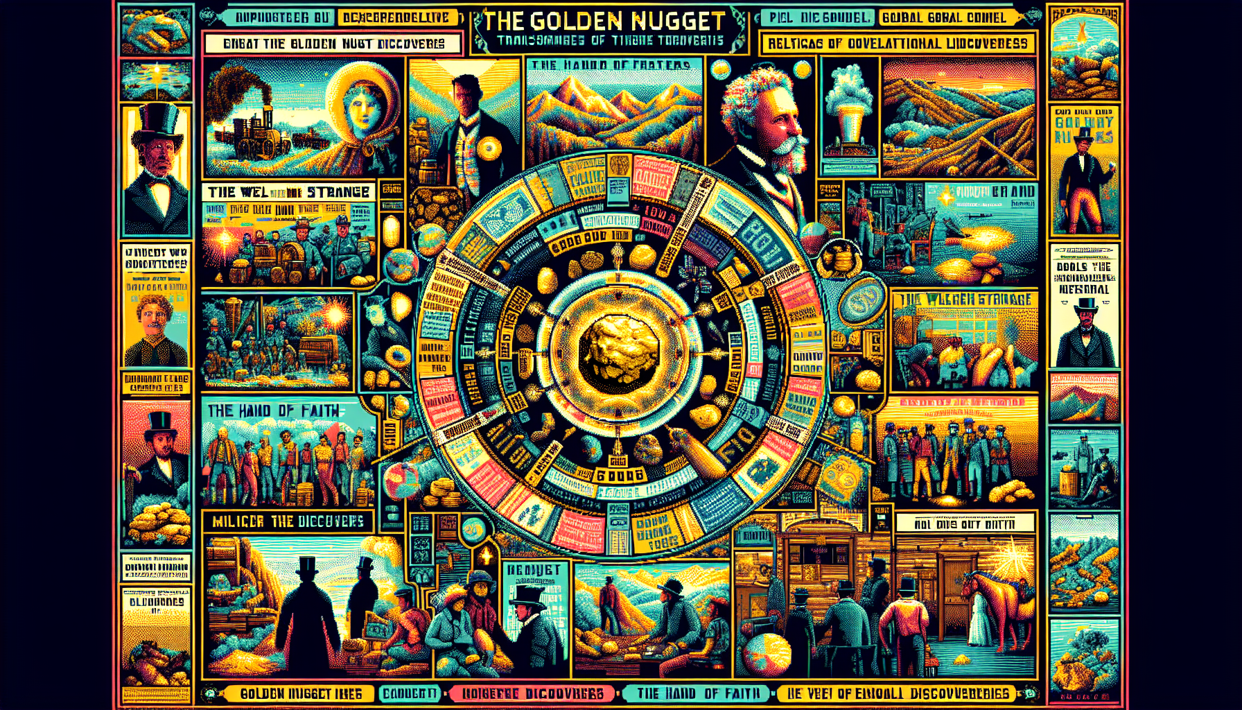 /Imagine an intricate, historical collage illustrating the evolution of the golden nugget. The central focus is a timeline featuring major historical events, iconic golden nugget discoveries such as the Welcome Stranger and the Hand of Faith, and the excitement of gold rushes. Surrounding the timeline, depict scenes from global economies and societies being influenced by these discoveries. Integrate images of gold miners, historical newspapers announcing famous discoveries, and antique maps showing gold rush trails. The overall tone should be awe-inspiring and educational, capturing the monumental impact of these golden finds. Keywords: golden nugget, history, iconic discoveries, gold rush, global impact./