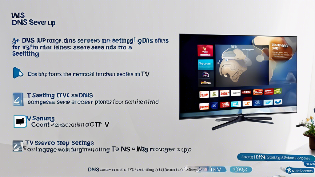 Create a detailed visual guide showing a step-by-step process for setting up a DNS server on a Samsung TV. The image should include clear illustrations of accessing network settings from the TV menu, entering custom DNS server addresses, and saving the changes. Ensure the TV screen interface and remote control buttons are clearly depicted, guiding users through each step to successfully configure their DNS settings.