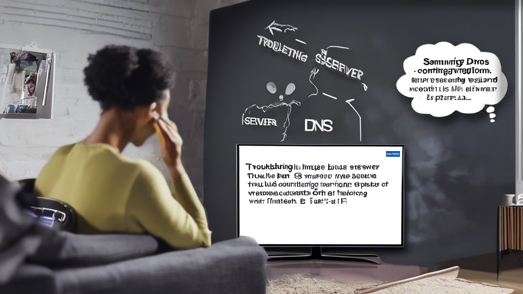 Create an image illustrating Troubleshooting Common Issues with DNS Server Configuration on a Samsung TV. Show a frustrated person sitting in front of a Samsung TV with a Network Error message on the screen. Include a thought bubble with symbols representing internet connectivity, such as Wi-Fi icons and DNS server graphs. In the background, show a list of troubleshooting steps on a notepad, and a laptop open to a webpage about DNS server performance.