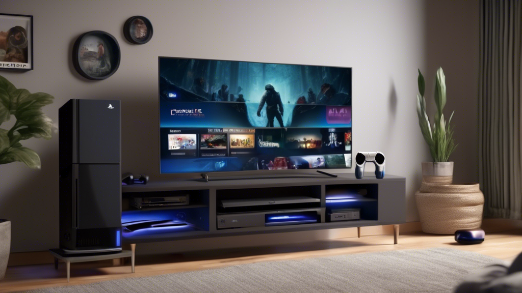 Create an image showcasing a PS4 PlayStation as an all-in-one entertainment hub. The scene should display a PS4 console with a dynamic interface on a large TV screen, highlighting various streaming services like Netflix, Hulu, and YouTube. Include elements like a Blu-ray disc and a DVD case to emphasize its multimedia capabilities. The setting should resemble a cozy living room, with a comfortable sofa in the background and soft, ambient lighting to create a welcoming and engaging atmosphere.