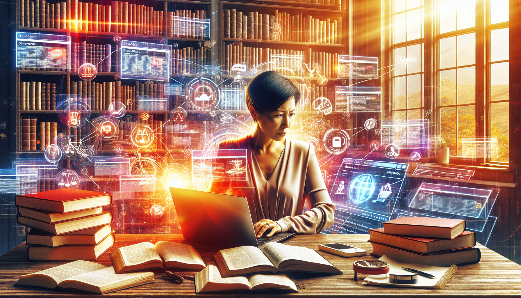 An illustrated scene of a person researching on a laptop, surrounded by books and notes, with visible tabs open showing online directories and review platforms for finding top-rated local motorcycle crash lawyers.