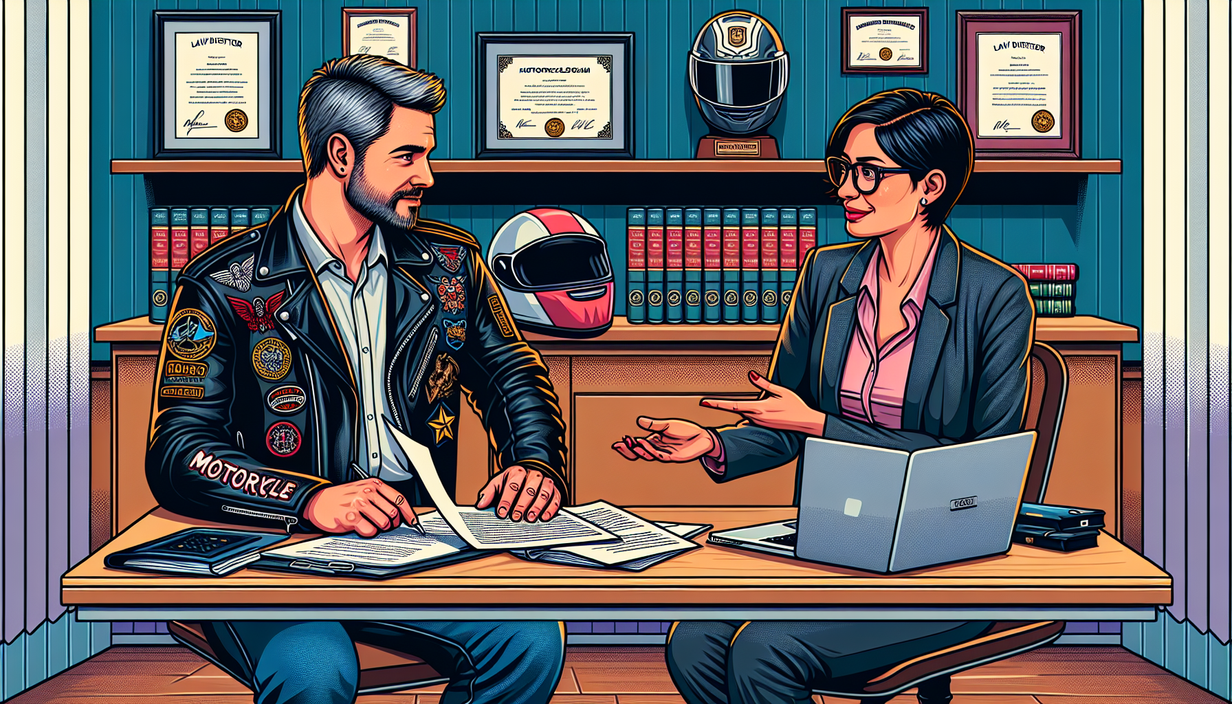 An illustrated scene in a law office, depicting a potential client, a middle-aged man wearing a leather jacket adorned with motorcycle patches, sitting across from a professional motorcycle crash lawyer. The lawyer, a confident woman with short hair and glasses, is explaining a document to the client. On the desk between them, there are papers that outline fee structures and case strategy, along with a laptop open to a legal directory page. The office is decorated with legal books, a motorcycle helmet on a shelf, and a diplomas on the wall, emphasizing the lawyer’s specialty and expertise in motorcycle crash cases.