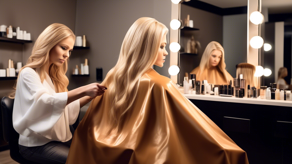 Create an image that showcases a professional hair salon environment where a skilled hairstylist is applying caramel foils to a client