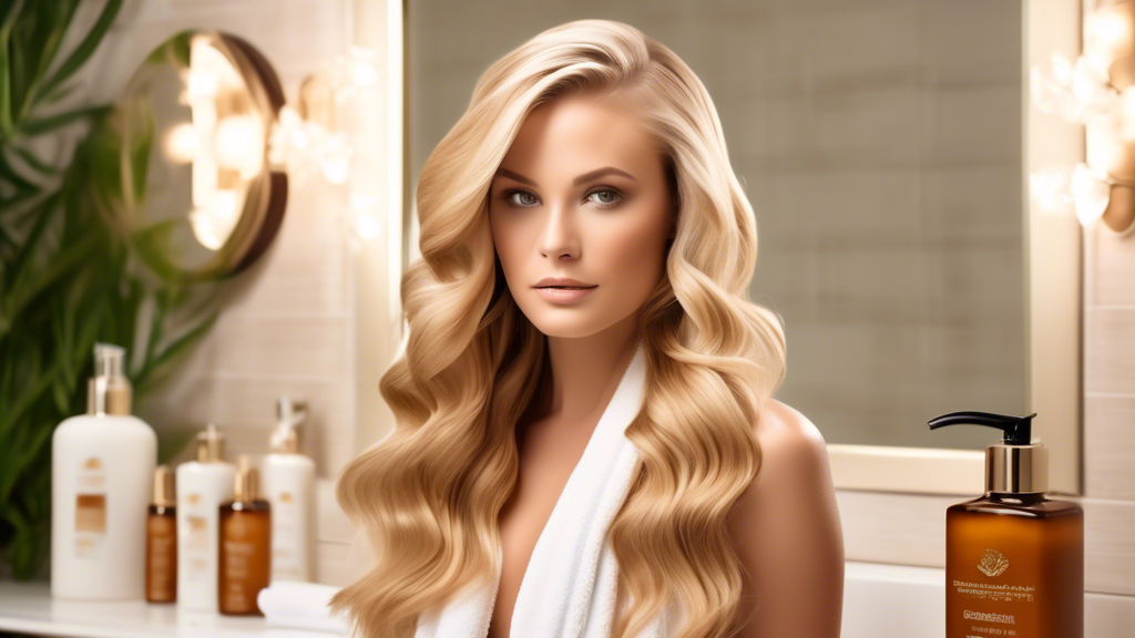 A meticulously styled blonde hair with caramel foils, set in a luxurious bathroom with elegant lighting, showcasing an array of premium hair care products. The image focuses on the beautiful blend of blonde and caramel tones, emphasizing the vibrancy and health of the hair. The background includes soft towels, a mirror, and a hint of greenery, creating a sophisticated and serene ambiance. Keywords: blonde hair with caramel foils, elegant bathroom, premium hair care products, vibrant hair color.