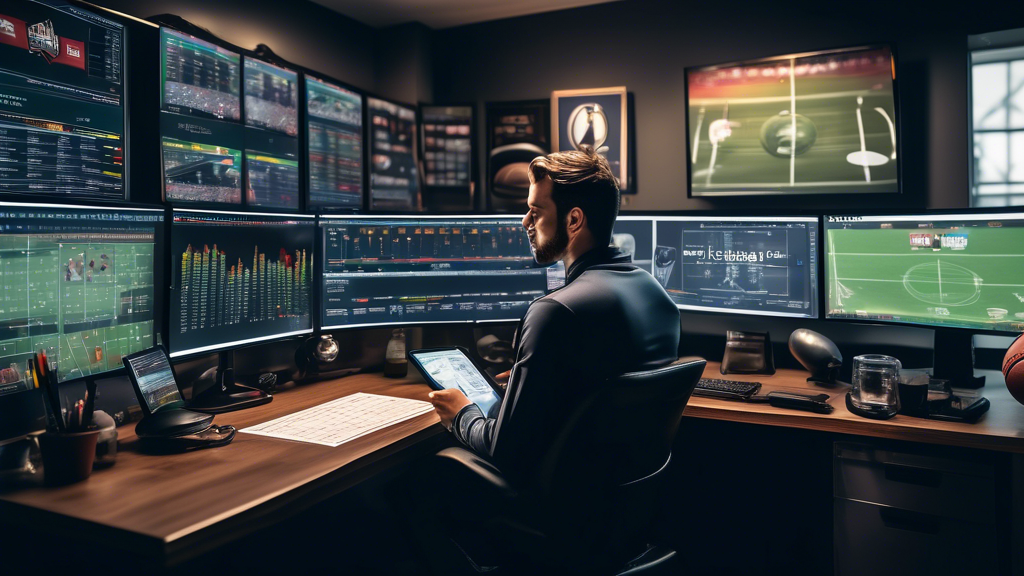 Create an image showcasing a sports analyst at a modern desk equipped with multiple screens displaying team performance metrics, player statistics, market odds, and betting lines. The analyst is intently reviewing the data with sports memorabilia in the background, such as jerseys and trophies. Include elements like charts and graphs that depict trends and analysis, and a coffee cup labeled 
