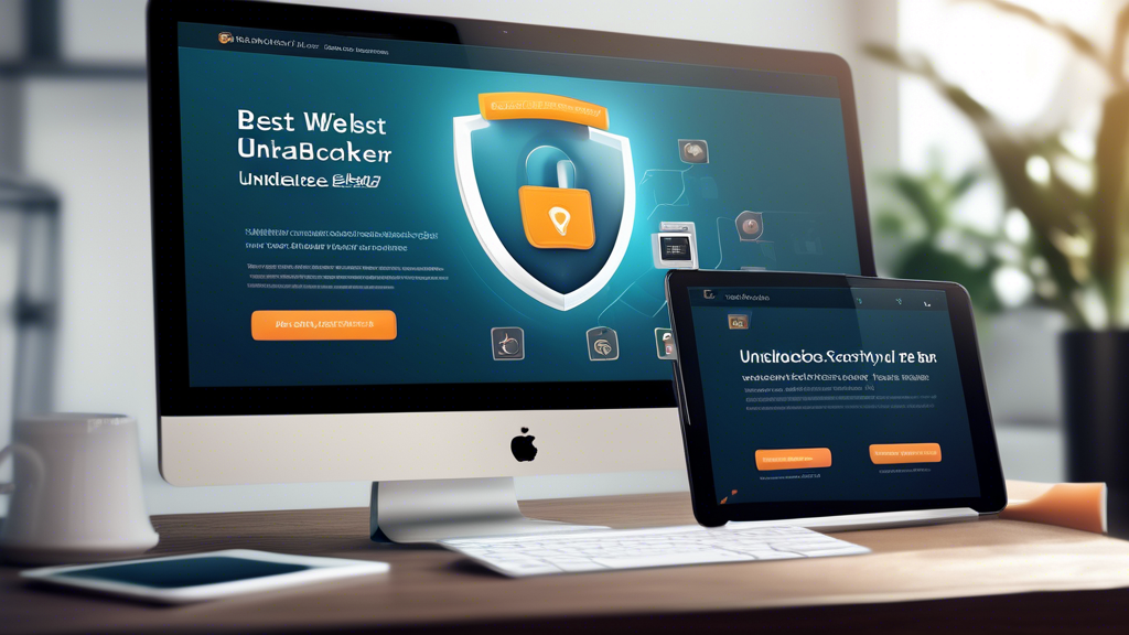 Create an image of a digital interface showcasing various key features of the best website unblocker. Highlight high-speed connectivity with a visual of a fast internet connection bar, robust security with a shield and lock icon, and a user-friendly interface with clean, intuitive design elements. Ensure the interface looks compatible across multiple devices like a laptop, tablet, and smartphone. Additionally, include a subtle backdrop of a globe to signify global internet accessibility.