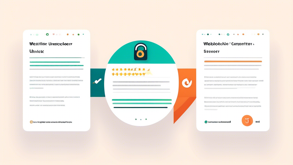 Create an image that features a split screen showing a side-by-side comparison of different website unblockers. Each side should display key elements like user ratings, pros and cons, and highlighted features. The background should subtly incorporate symbols of internet security (like a padlock) and seamless browsing (like a fast-loading progress bar). Include a banner at the top with the text Comparing the Best Website Unblockers in the Market. The overall aesthetic should be professional and tech-savvy, aimed at helping users make an informed decision.