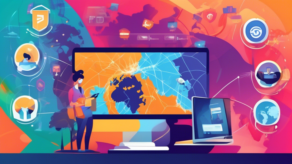 A vibrant and dynamic digital illustration showcasing the benefits of using a privatized VPN for unrestricted access to global content and blocked websites. The image shows a user happily watching various international streaming services on multiple devices (laptop, tablet, smartphone) with a global map in the background. Key geographic restrictions and censorship elements appear as broken chains and unlocked padlocks. The VPN shield icon is prominently displayed, implying secure and open access, with visual cues like connected dots and secure pathways between the user and the world map. Vibrant colors and a sense of seamless digital connectivity dominate the scene.