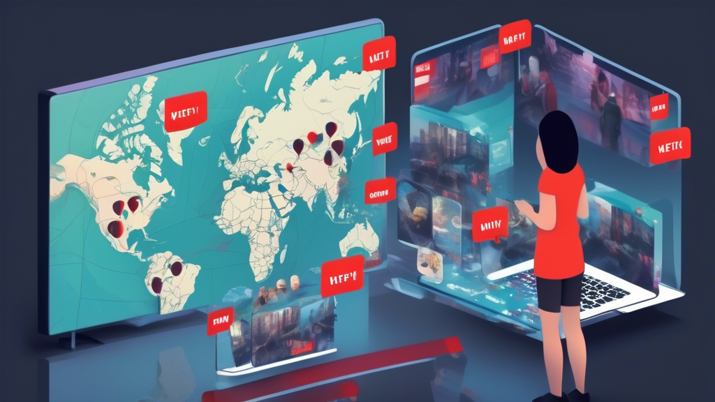 Create an image depicting a seamless streaming experience on Netflix using Smart DNS technology. The scene should show a user comfortably watching Netflix on various devices, such as a smart TV, laptop, and mobile phone, simultaneously. Include a visual representation of geographical barriers being bypassed, like a world map with location pins and arrows indicating movement across regions. Contrast elements related to VPN, like a slow loading bar or buffering icon, to emphasize the speed and compatibility advantages of Smart DNS.