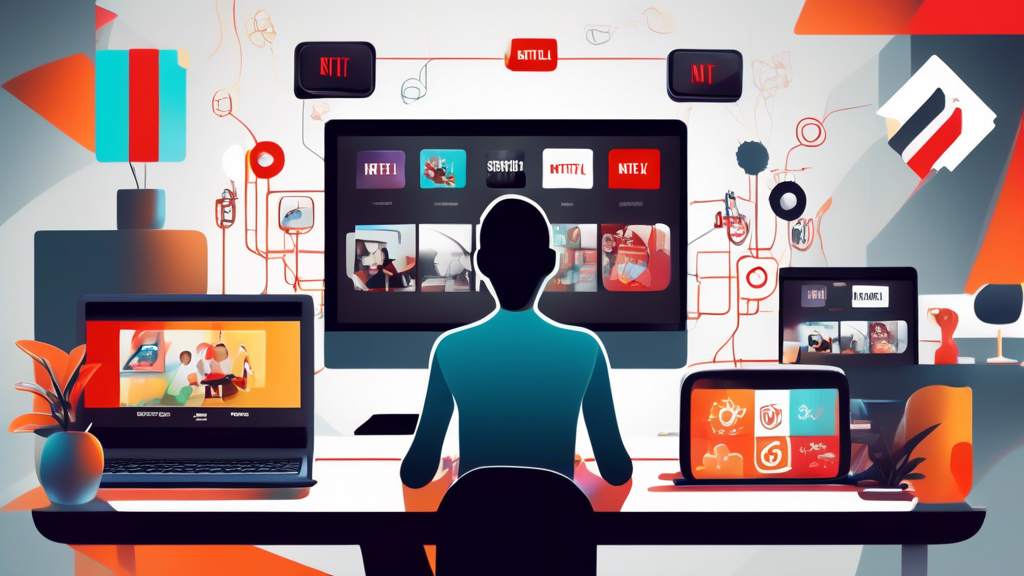 Create an image of a person enjoying a seamless Netflix streaming experience on various devices (e.g., smart TV, laptop, smartphone) with symbolic elements representing speed and compatibility, such as fast-forward icons and device connection symbols. The background should subtly indicate high performance with graphics like signal bars or gears in motion, emphasizing the benefits of using Smart DNS for a buffer-free and versatile viewing experience.