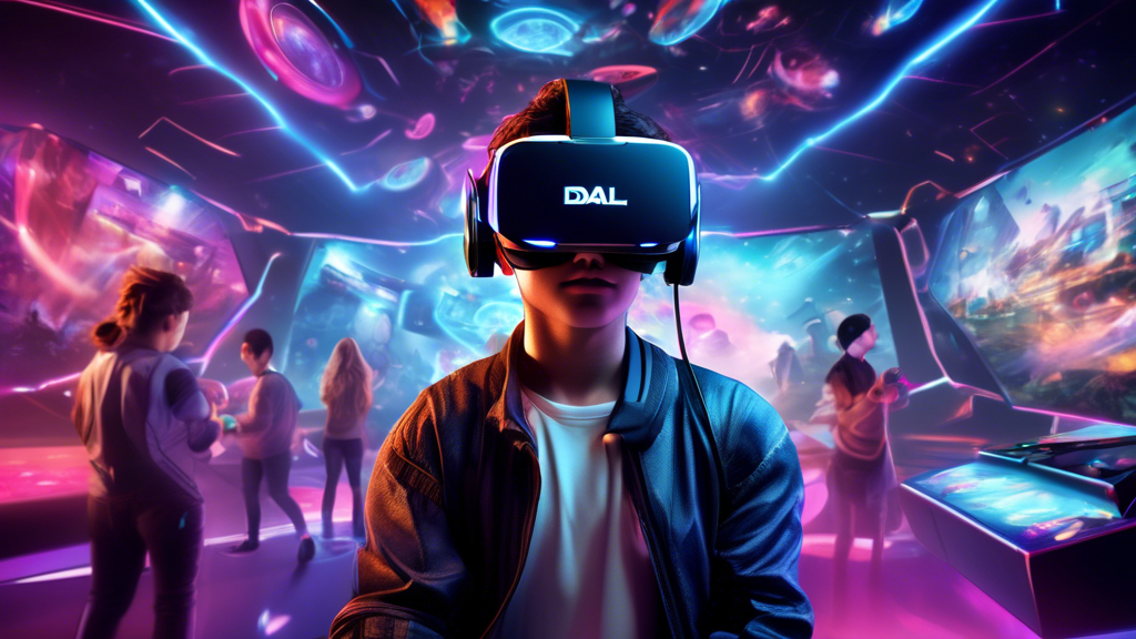 **DALL-E Prompt:**

Create an image showcasing the future potential and impact of the Meta VR Headset on gaming. Illustrate a futuristic gaming environment where players are immersed in a vibrant, high-tech virtual world. Highlight various scenarios such as a player in a virtual reality arcade, an eSports tournament with participants wearing Meta VR headsets, and a family enjoying VR games together at home. Emphasize the advanced technology with detailed and realistic graphics and multi-sensory experiences. Incorporate elements representing market trends like high demand, innovative game titles, and integration with upcoming technologies. Also include challenges and opportunities, such as a pop-up showing network connectivity and a sign indicating a thriving VR gaming industry.