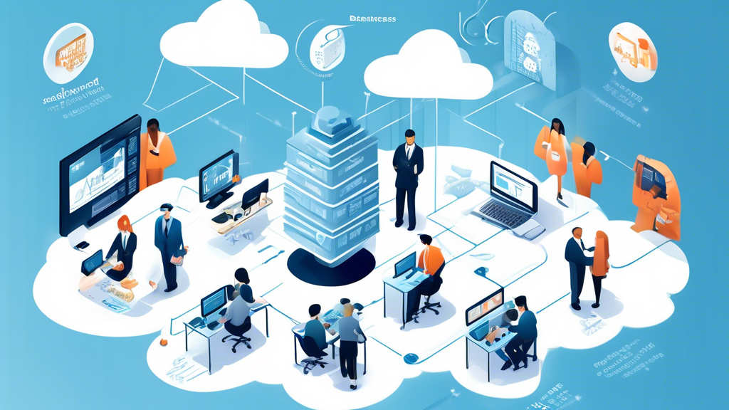 Create an image that illustrates the benefits of Infrastructure as a Service (IaaS) for businesses. The scene should show a diverse team of professionals working seamlessly on cloud-connected devices in a modern office space. Graphical elements should highlight key advantages such as cost-efficiency, scalability, performance, security, and compliance. Use icons or infographics to represent these benefits clearly. The atmosphere should be dynamic and innovative, emphasizing the flexibility and advanced capabilities provided by IaaS.