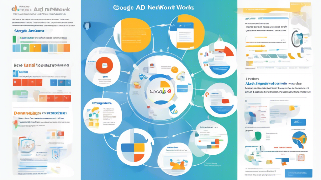 Create a visually engaging infographic that illustrates how the Google Ad Network works. Include elements such as an overview of the advertising auction process, examples of various ad formats (like text, display, and video ads), and targeting options (such as demographics, interests, and location). Additionally, incorporate visual representations of key metrics and performance tracking tools used in online advertising campaigns, all tied together with a color scheme that reflects the Google brand.