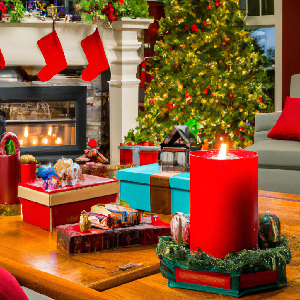 A festive scene with a beautifully decorated living room during Christmas time, featuring a Yankee Candle Christmas Gift Set prominently displayed on a coffee table. Surrounding the gift set are joyful family members of different ages exchanging gifts and smiling. The room is warmly lit, with a decorated Christmas tree, stockings over a cozy fireplace, and seasonal decor throughout. Capture the ambiance of holiday cheer, highlighting the appeal, versatility, and attractiveness of the Yankee Candle Christmas Gift Set as the perfect holiday gift for anyone.