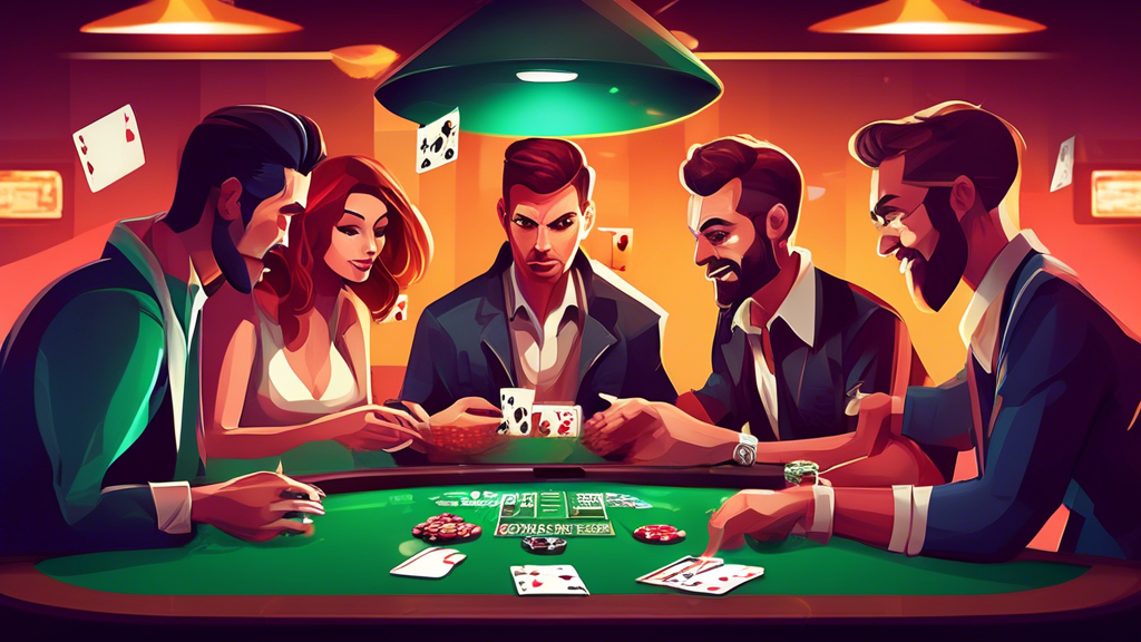 Create an engaging and informative illustration depicting essential tips and strategies for beginners playing poker online. The scene should include a well-designed virtual poker table with a diverse group of players connecting from different locations via their devices. Emphasize elements of bankroll management, highlighting the importance of game selection, and depict common mistakes being avoided with visual cues. Use a vibrant color palette to convey excitement and a sense of community in the online poker world. Ensure to include visual representations of poker chips, cards, and a digital interface that displays various poker games.