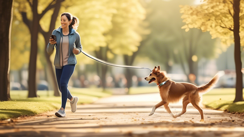 Create an image depicting a dog owner using a handsfree leash during a walk in a park. The dog owner is jogging peacefully with their dog, showcasing the control and safety benefits of the leash. Illustrate a moment where the owner’s hands are free, allowing them to use a smartphone or hold a drink without any difficulty. Include elements such as a calm dog, stable walking pace, and a relaxed environment to emphasize the reduced risk of injuries and improved control.