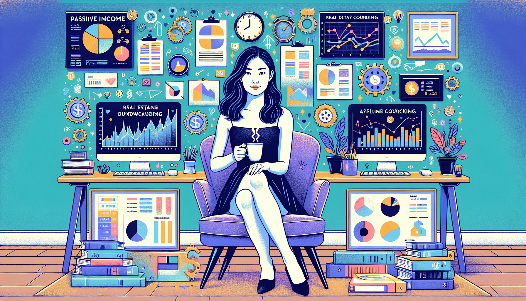 Create an image of a person sitting in a cozy home office, surrounded by multiple screens displaying various passive income sources like graphs from dividend stocks, real estate crowdfunding dashboards, and stats from online courses and affiliate marketing. The person is relaxed, sipping coffee, while automation tools and icons float around them, symbolizing efficiency and optimization. There