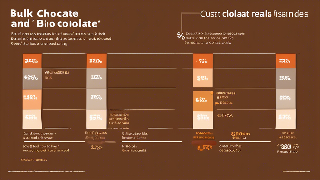 An illustrated infographic showing a detailed cost comparison between bulk chocolate and retail chocolate, with a bar graph displaying the savings potential. Include visual case studies of businesses and individuals who have benefited financially from buying bulk chocolate. Add side notes on tips for storing and managing bulk chocolate for maximum shelf life and value, set in a pantry-themed background.