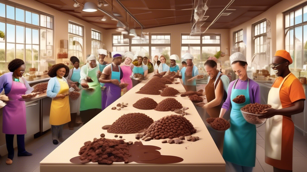 An eco-friendly chocolate factory illustrating the reduced packaging waste of bulk chocolate purchasing set against a backdrop of a vibrant community kitchen where diverse groups of people collaborate on chocolate-based recipes, symbolizing the social and entrepreneurial benefits of bulk chocolate buying.